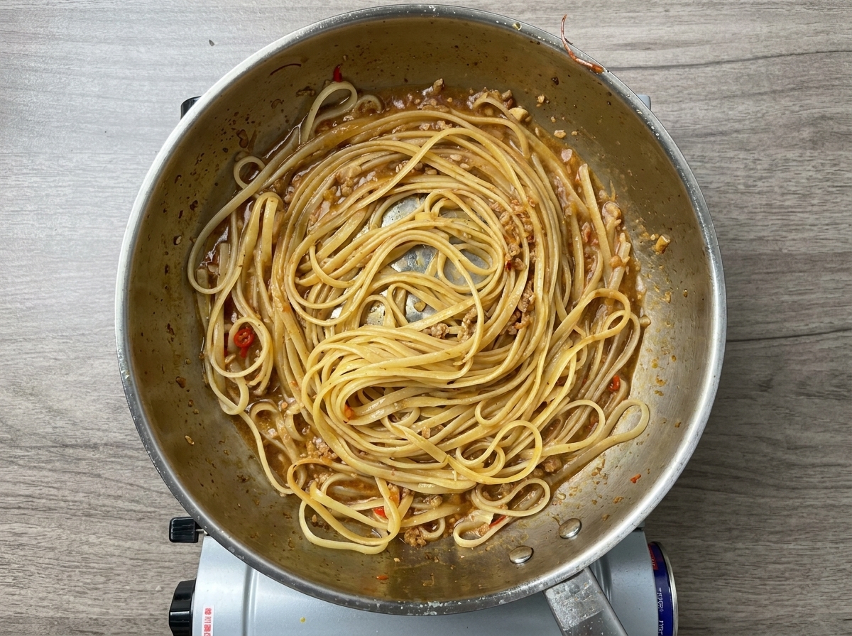 Lśniący makaron linguine wymieszany z sosem na patelni.