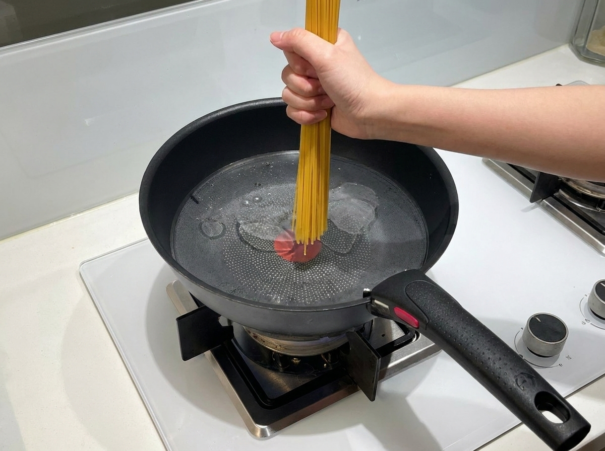 Ręka trzymająca wiązkę suchego makaronu spaghetti pionowo i wkładająca go do garnka z wrzącą wodą.