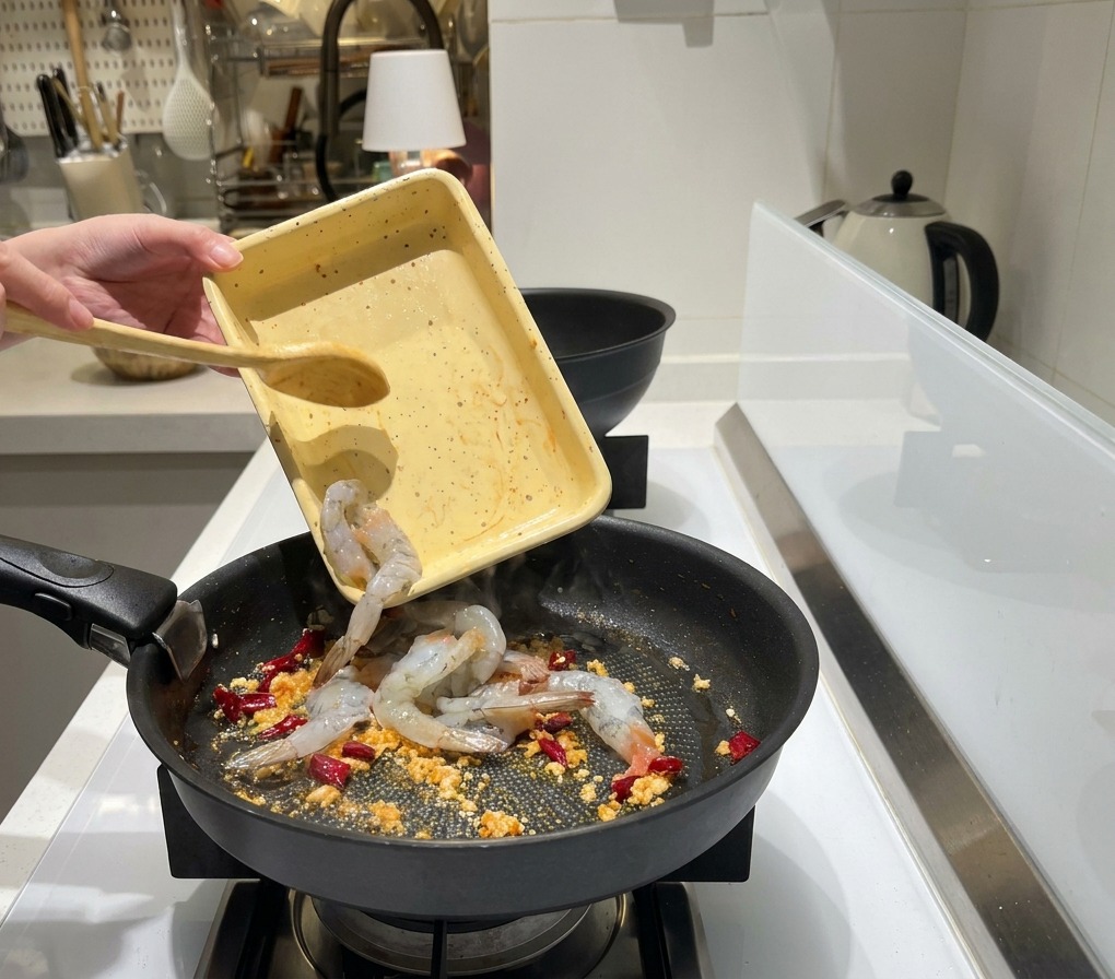 Obrane surowe szare krewetki wsypywane z żółtej tacki na patelnię z czosnkiem i chili.