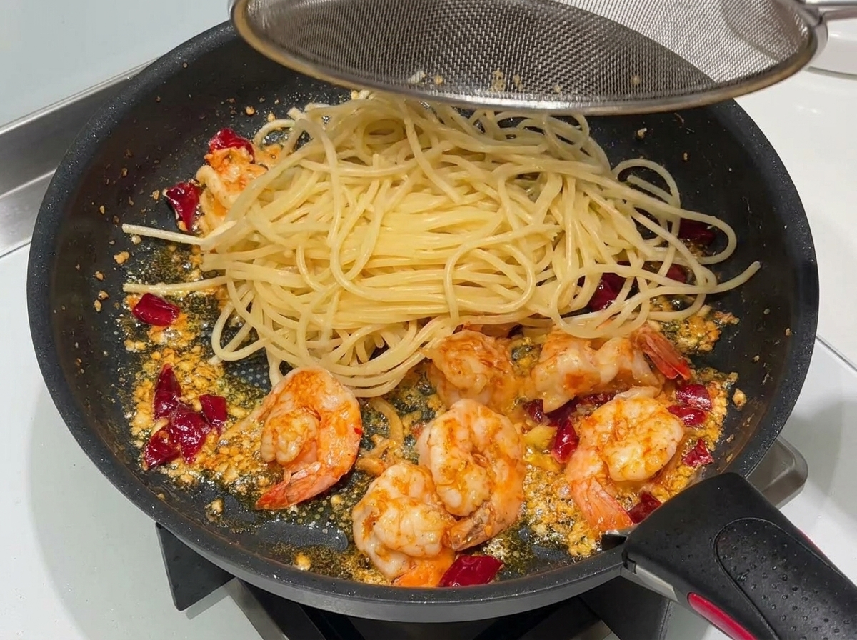Ugotowane spaghetti przekładane z cedzaka na patelnię z krewetkami, czosnkiem i chili.