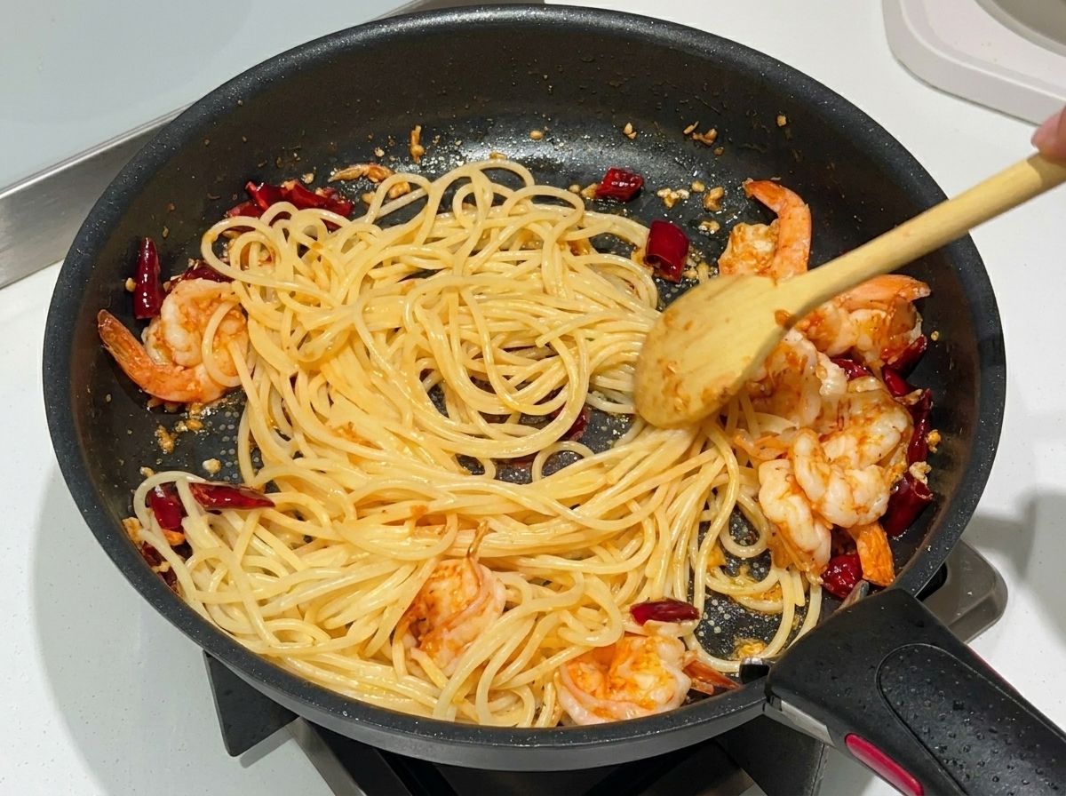 Mieszanie spaghetti i krewetek na patelni drewnianą łyżką w celu równomiernego pokrycia makaronu.