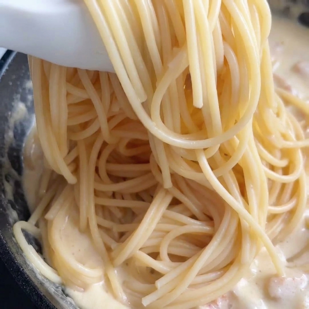 Białe szczypce podnoszące porcję spaghetti nad patelnię z kremowym sosem.