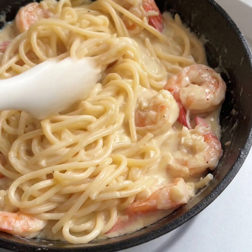 Mieszanie spaghetti i krewetek w kremowym sosie czosnkowym za pomocą szczypiec.