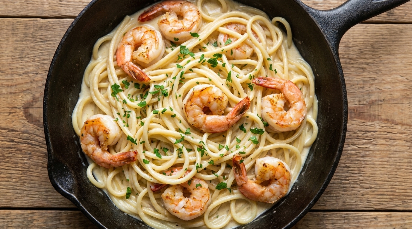 Kremowe spaghetti z krewetkami w czosnkowym sosie z białym winem