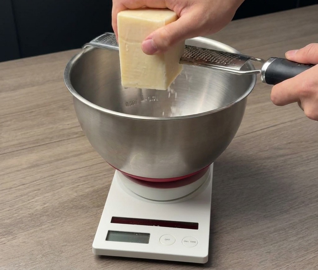 Dłoń ścierająca kawałek sera na metalowej tarce do miski stojącej na wadze kuchennej.
