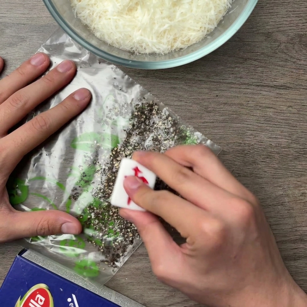 Dłonie dociskające ciężkie narzędzie kuchenne do ziaren pieprzu w plastikowej torebce.