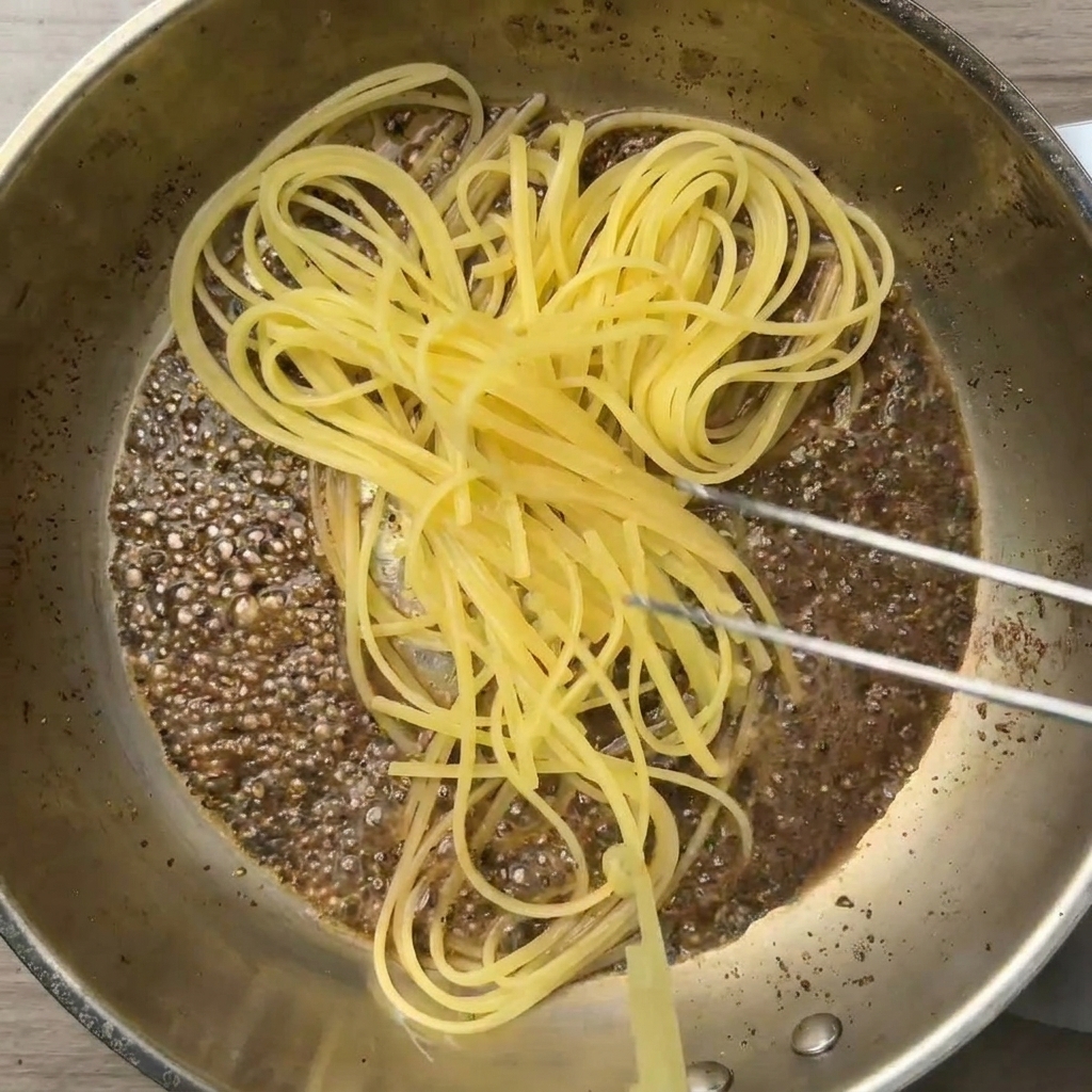 Metalowe szczypce przekładające spaghetti na patelnię z wodą pieprzową.