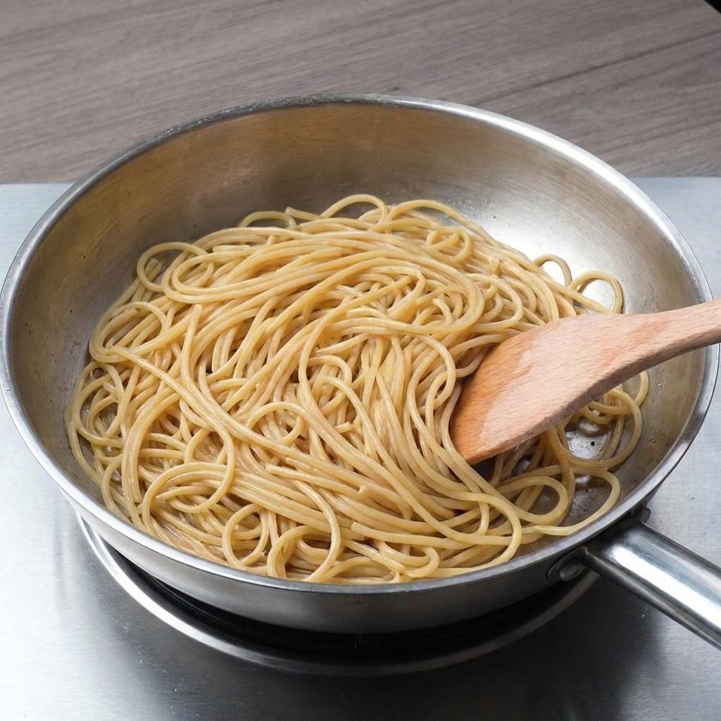 Spaghetti mieszane drewnianą łopatką na stalowej patelni.