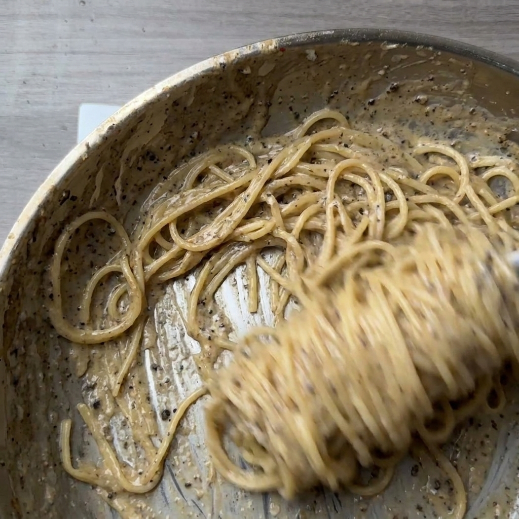 Spaghetti energicznie mieszane na patelni, pokryte gęstym, kremowym sosem serowym z pieprzem.