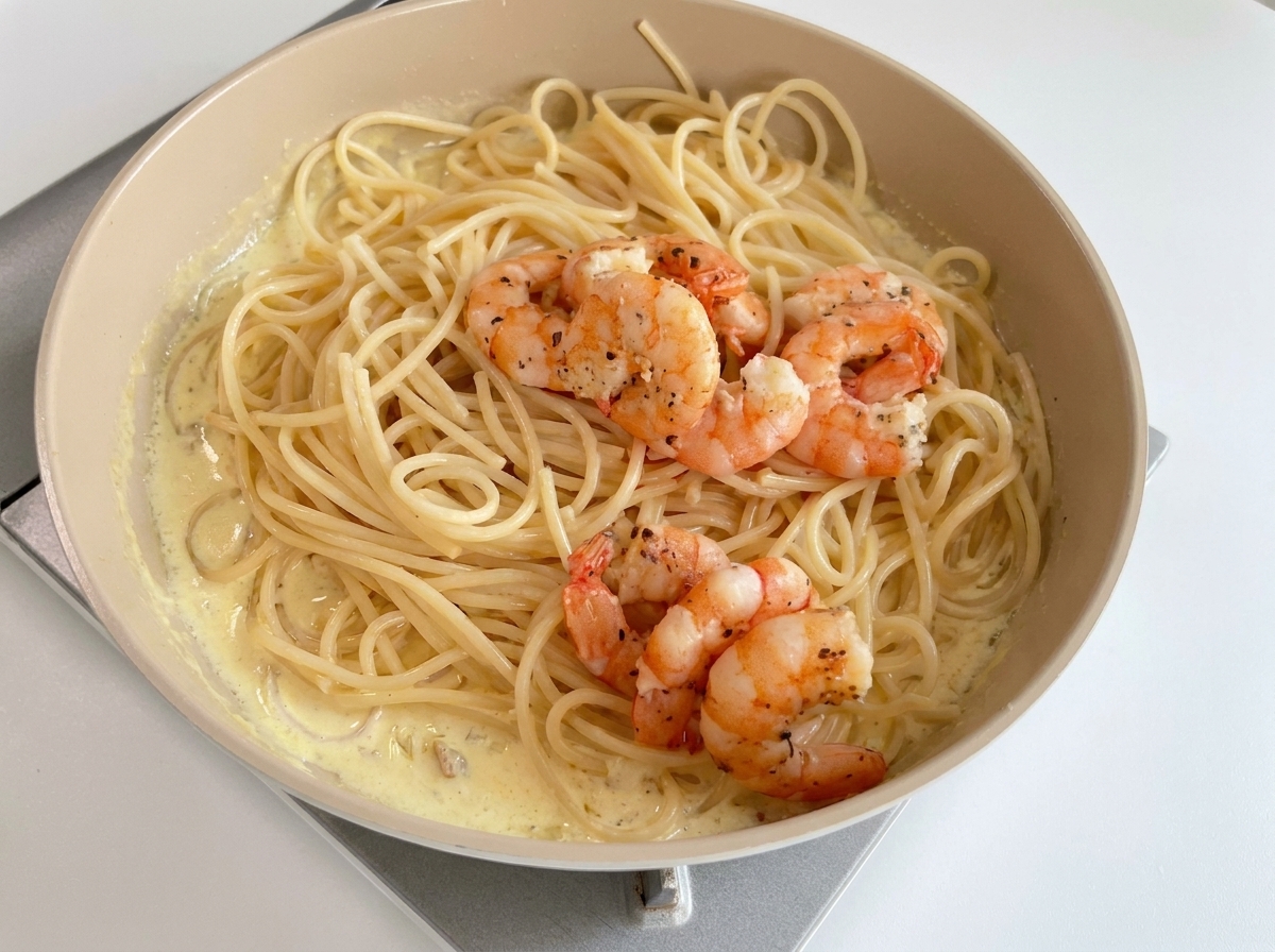 Usmażone wcześniej krewetki ułożone na wierzchu kremowego spaghetti na patelni.