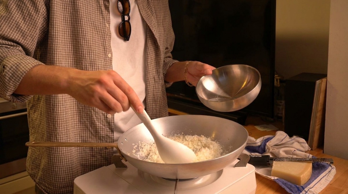 Wlewanie ciepłej wody ze srebrnej miseczki do patelni z drobno startym serem Pecorino.