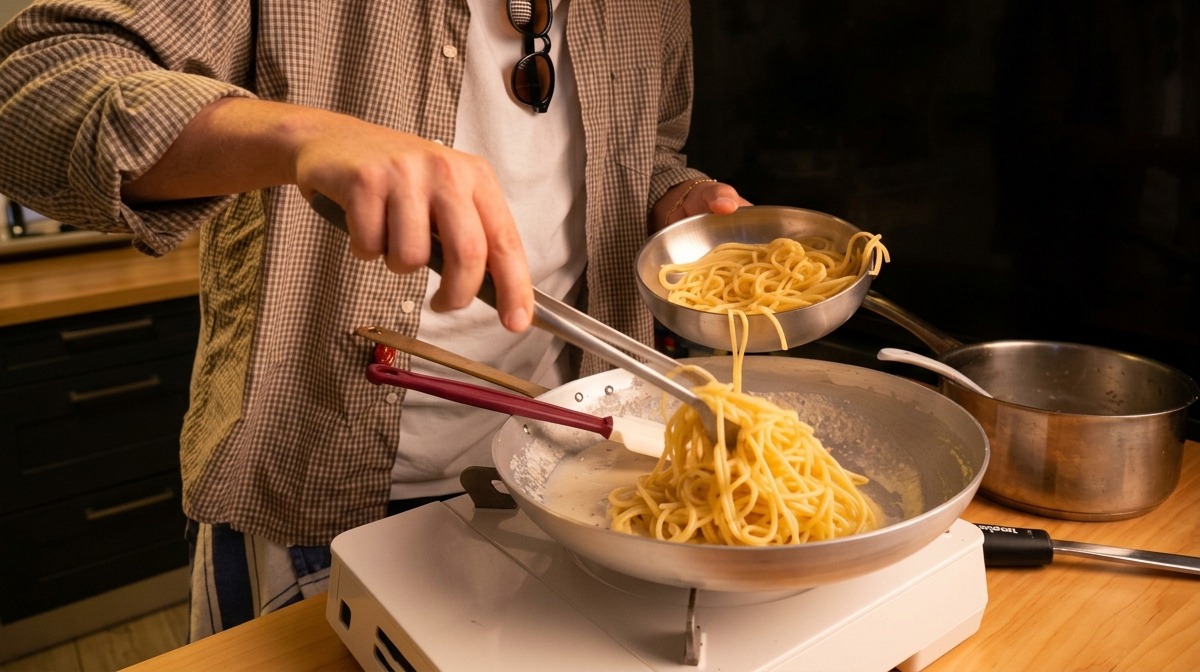Przenoszenie gorącego spaghetti szczypcami bezpośrednio do patelni z pastą serową.