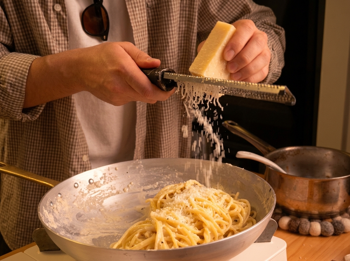 Dłonie ścierające świeży ser Pecorino nad patelnią z ugotowanym makaronem.