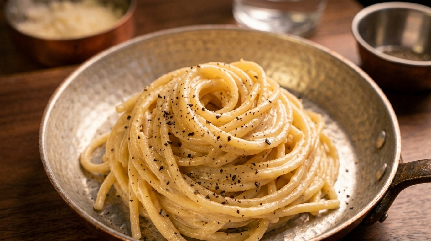 Idealna patelnia makaronu Cacio e Pepe, w którym nitki spaghetti są otulone lśniącym, gęstym sosem z sera Pecorino Romano i prażonego pieprzu.