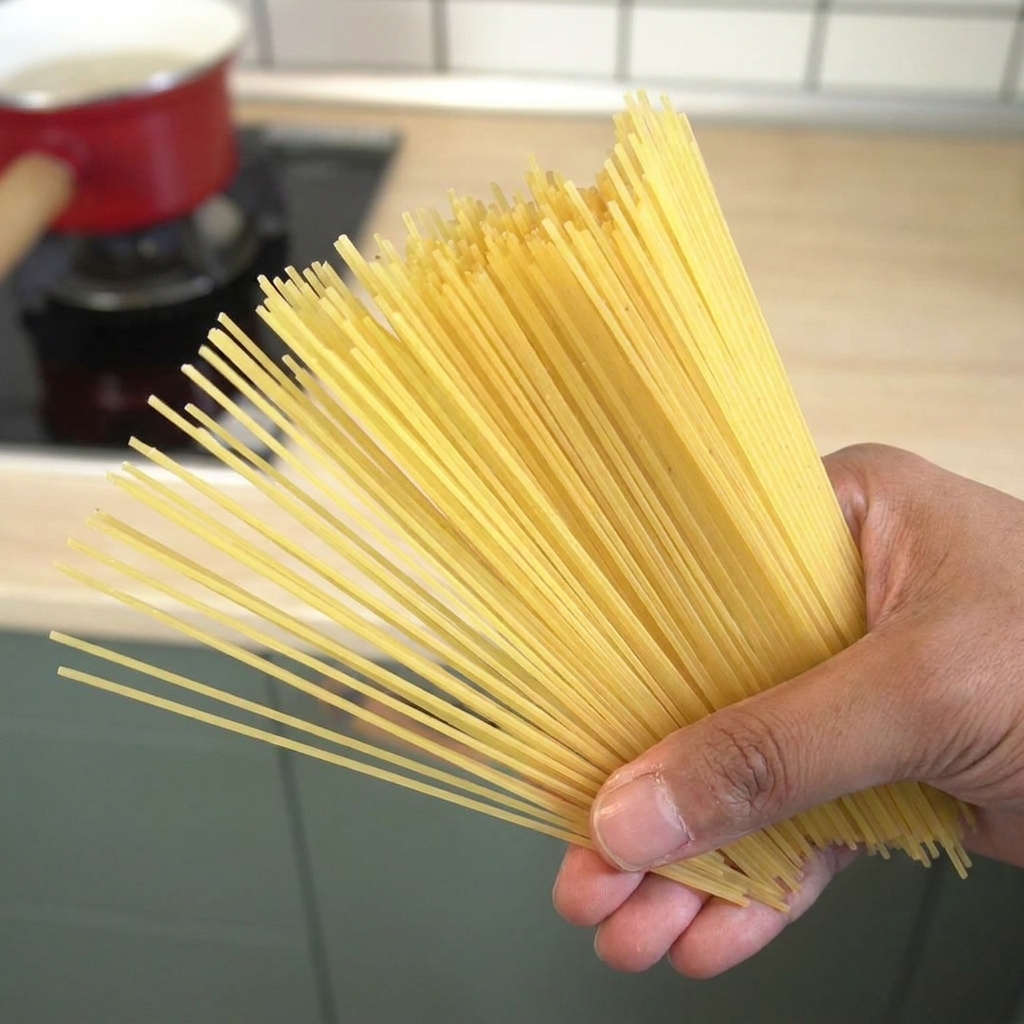Dłoń wrzucająca suchy makaron spaghetti do czerwonego garnka z gotującą się wodą.