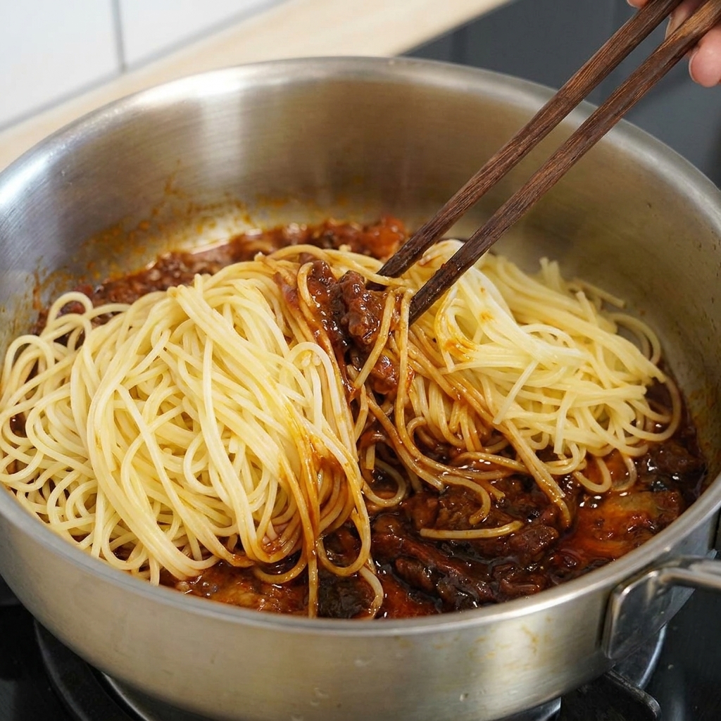 Drewniane pałeczki mieszające gorące spaghetti z ciemnym sosem pieprzowym na patelni ze stali nierdzewnej.