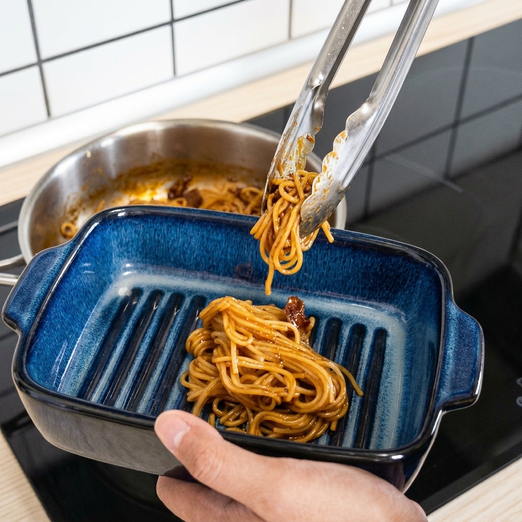 Metalowe szczypce przekładające spaghetti z sosem do ciemnoniebieskiego ceramicznego naczynia do zapiekania.
