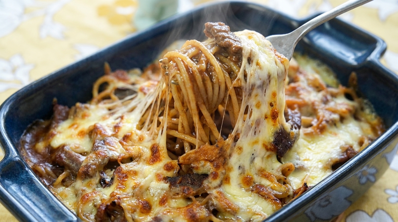 Kusząca porcja spaghetti z wołowiną i pieprzem oraz efektownie ciągnącą się, roztopioną mozzarellą.