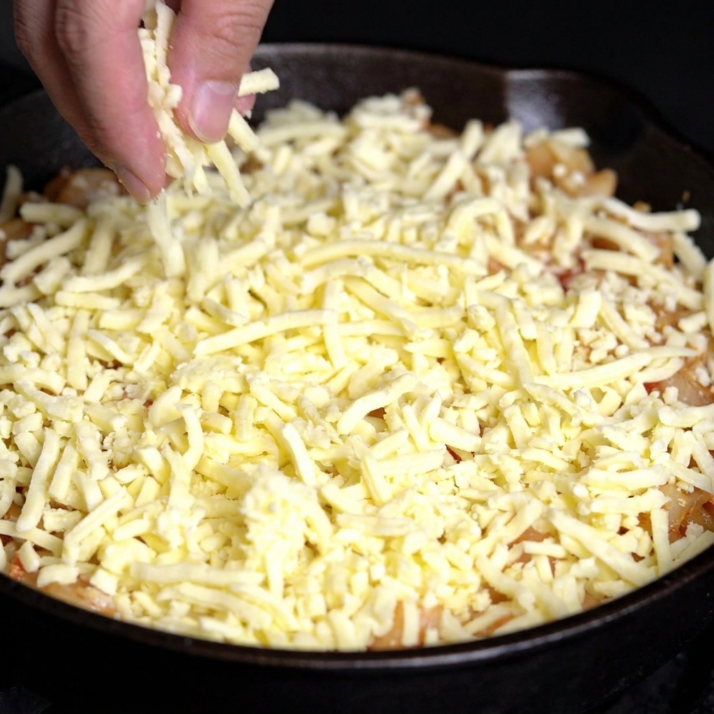 Posypywanie wierzchu makaronu obfitą warstwą tartego sera mozzarella.