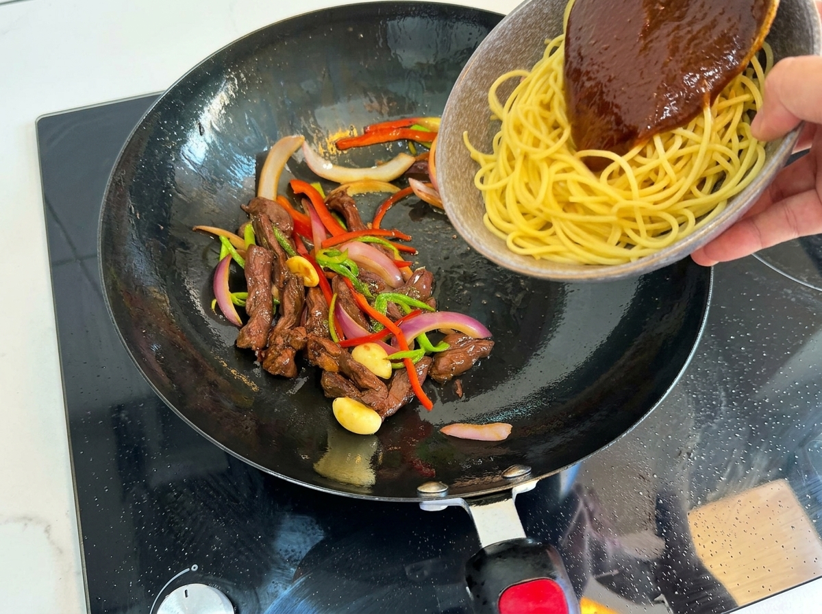 Ugotowane spaghetti dodawane do woka z wołowiną i warzywami.