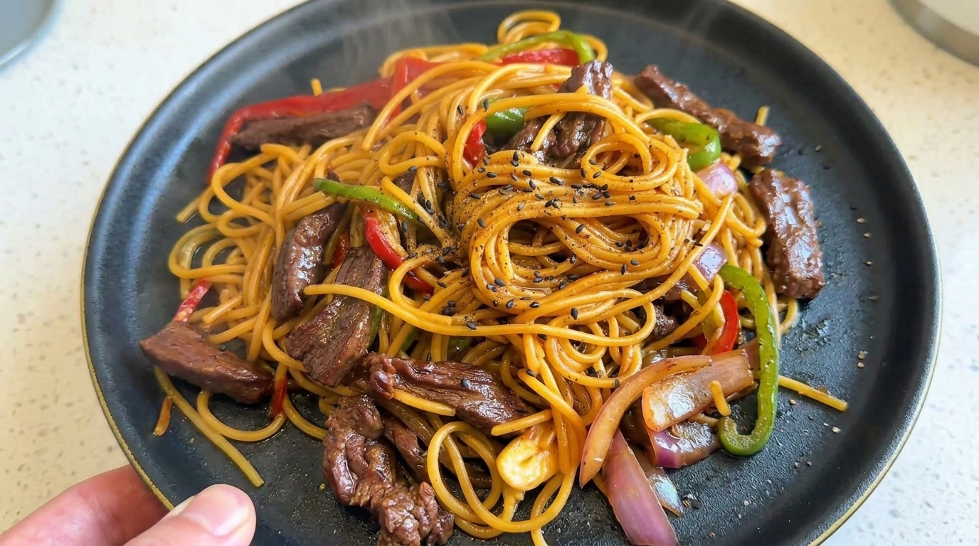 Aromatyczne spaghetti z wołowiną i czarnym pieprzem