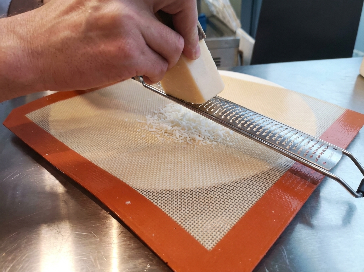Dłonie używające małej szpatułki do formowania kopca startego parmezanu w prostokąt na pomarańczowej macie silikonowej.