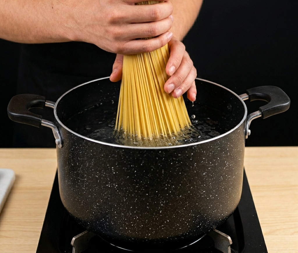 Ręce trzymające pionowo wiązkę spaghetti i dociskające ją do czarnego garnka z wrzącą wodą.