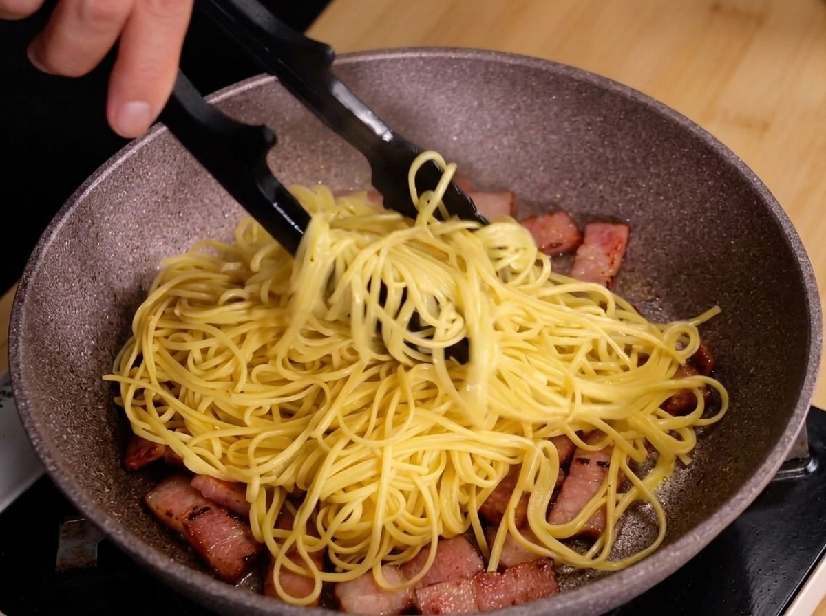 Czarne szczypce mieszające gorące spaghetti z kawałkami boczku na nakrapianej patelni.
