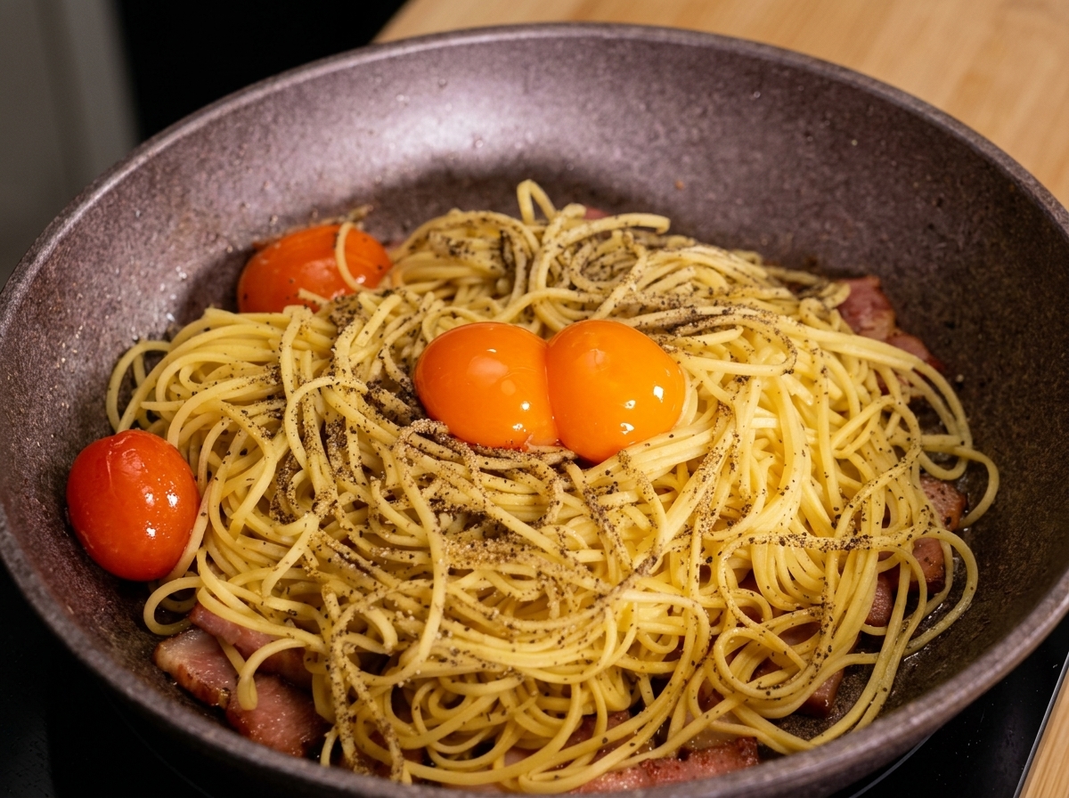 Dwa lśniące żółtka na wierzchu przyprawionego spaghetti z boczkiem na patelni.
