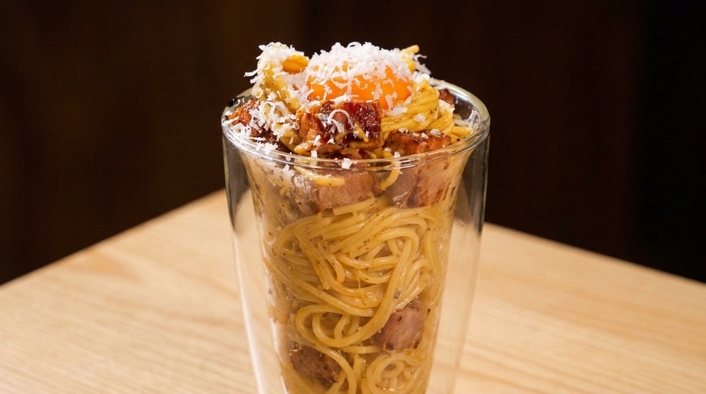 Makaron z kruszonką z parmezanu (Carbonara w szkle)