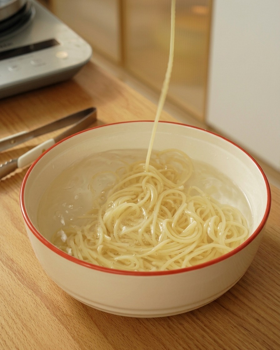Wyjmowanie ugotowanego makaronu spaghetti z miski wypełnionej zimną wodą.