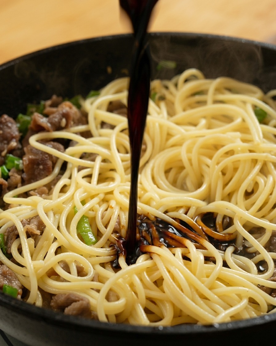Wlewanie ciemnego aromatycznego sosu na ugotowane spaghetti i wołowinę na gorącej patelni.