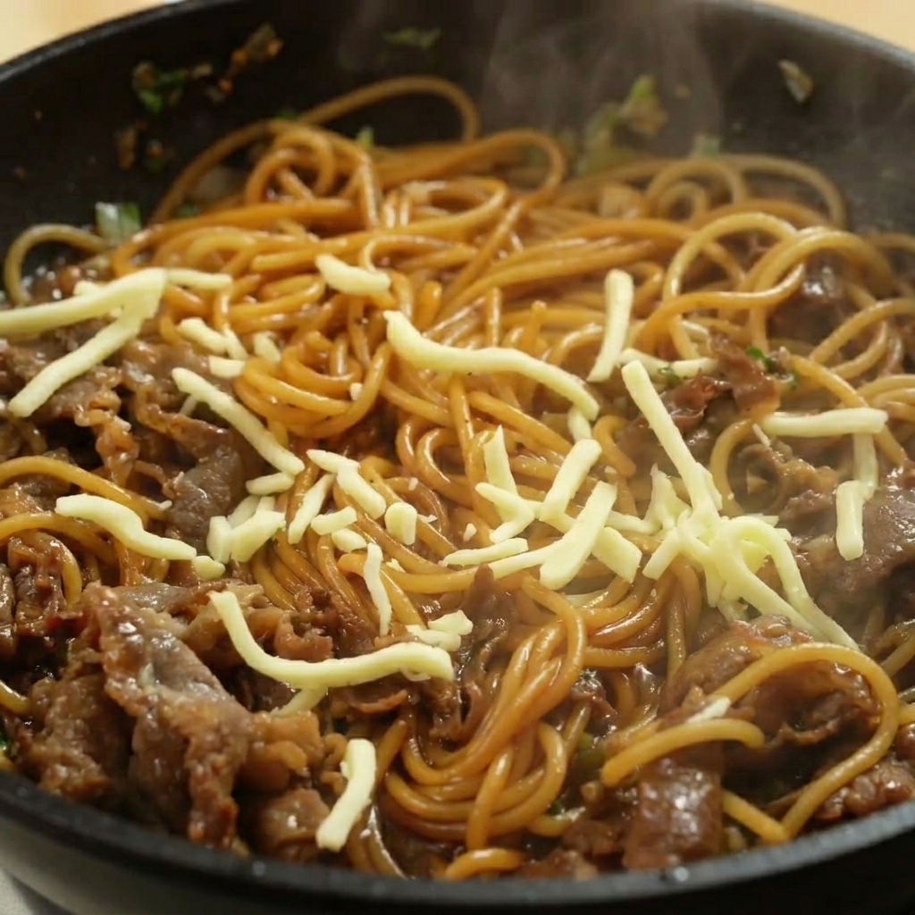 Tarta mozzarella topiąca się na gorącym smażonym spaghetti z wołowiną.
