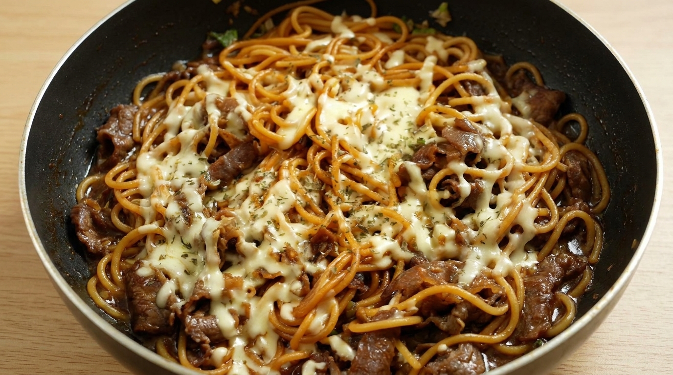 Gorąca patelnia smażonego spaghetti z wołowiną pod warstwą roztopionego sera i ziół.