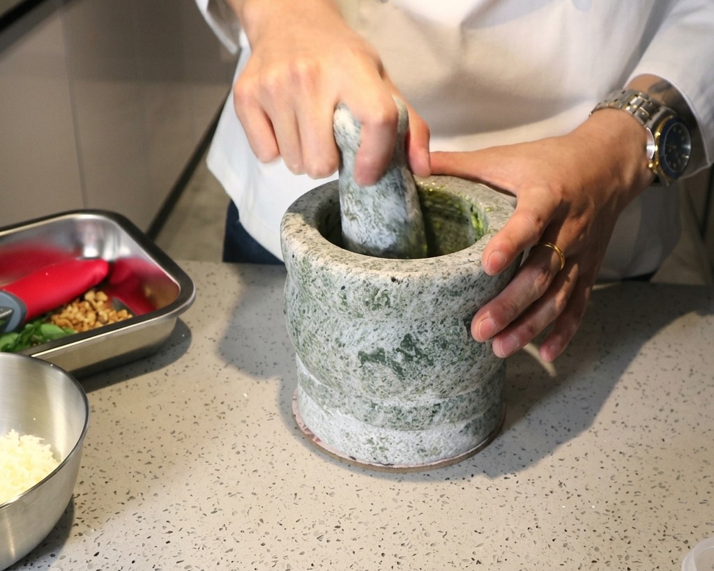Osoba używająca kamiennego tłuczka do ucierania składników na zieloną pastę pesto.