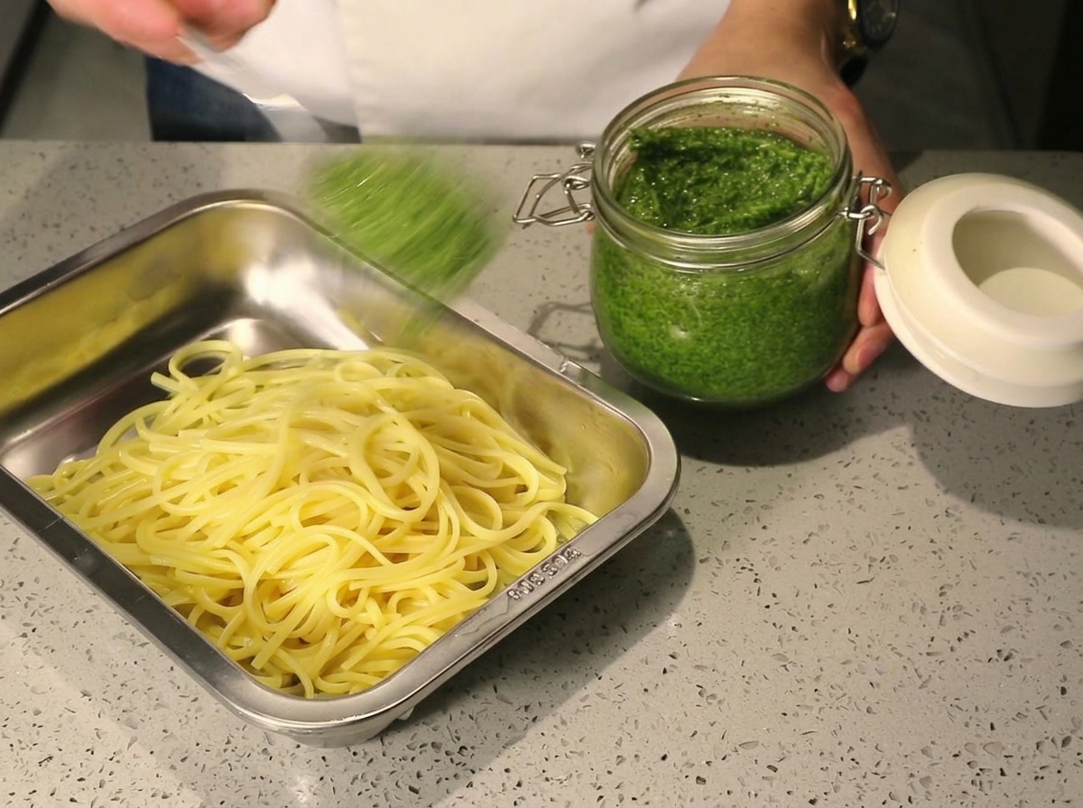 Wielka łyżka zielonego pesto nakładana ze słoika na ugotowane spaghetti na metalowej tacy.