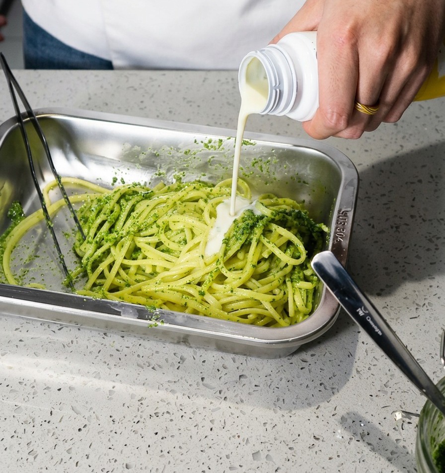 Ręka wlewająca biały jogurt o smaku serowym na spaghetti pokryte zielonym pesto.