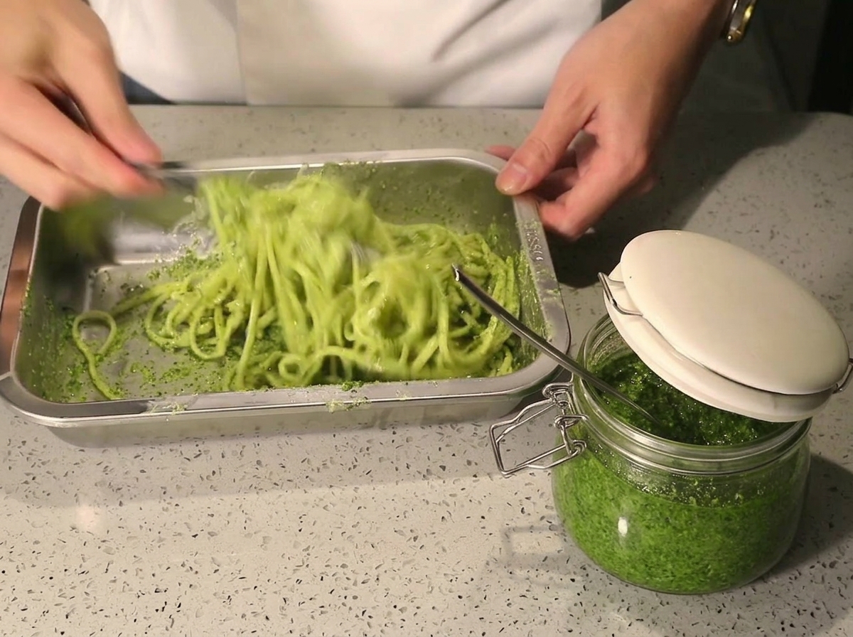 Ręce energicznie mieszające spaghetti z sosem pesto na metalowej tacy.