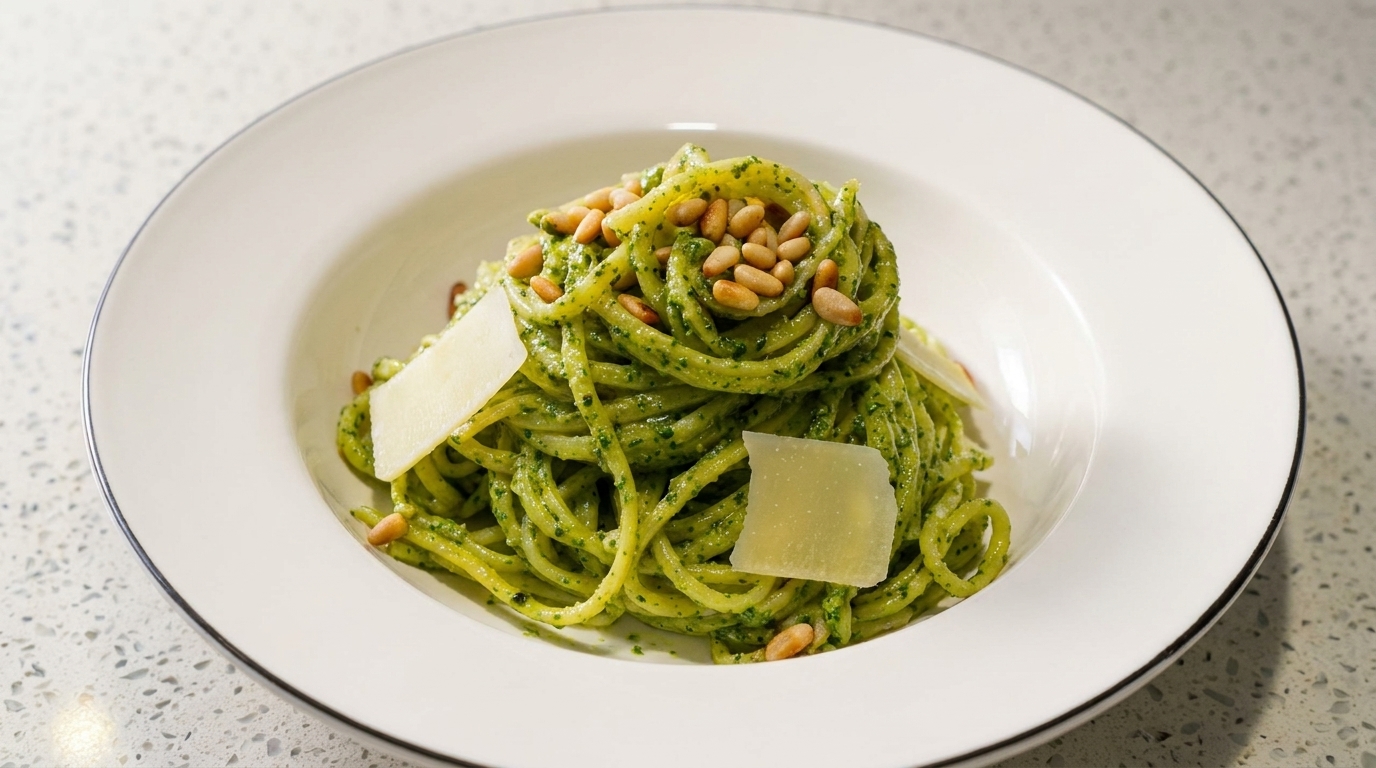 10-minutowy makaron z pesto bazyliowym i orzeszkami piniowymi