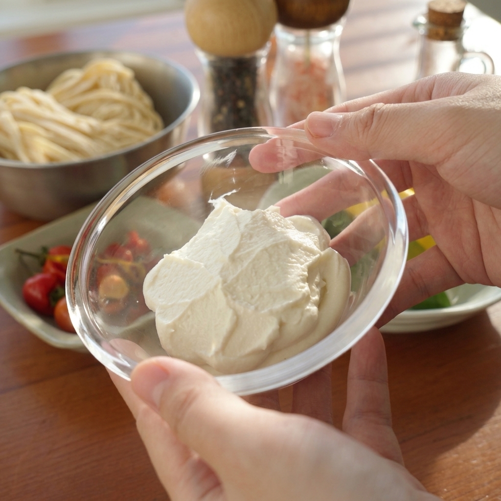 Dłonie trzymające szklaną miseczkę z gęstym, kremowym białym serem ricotta.