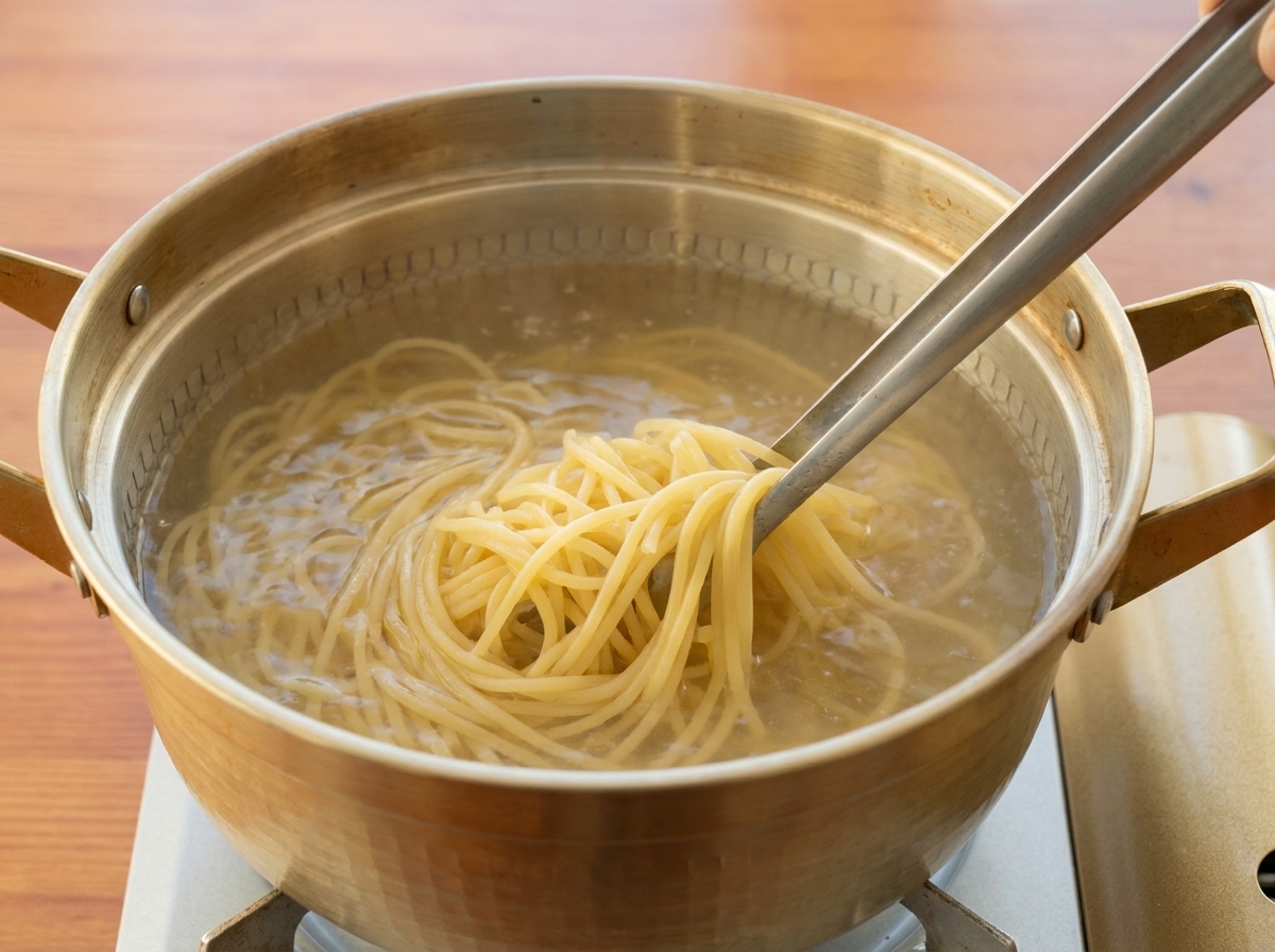 Długie nitki spaghetti gotujące się we wrzątku w stalowym garnku, mieszane metalowymi szczypcami.