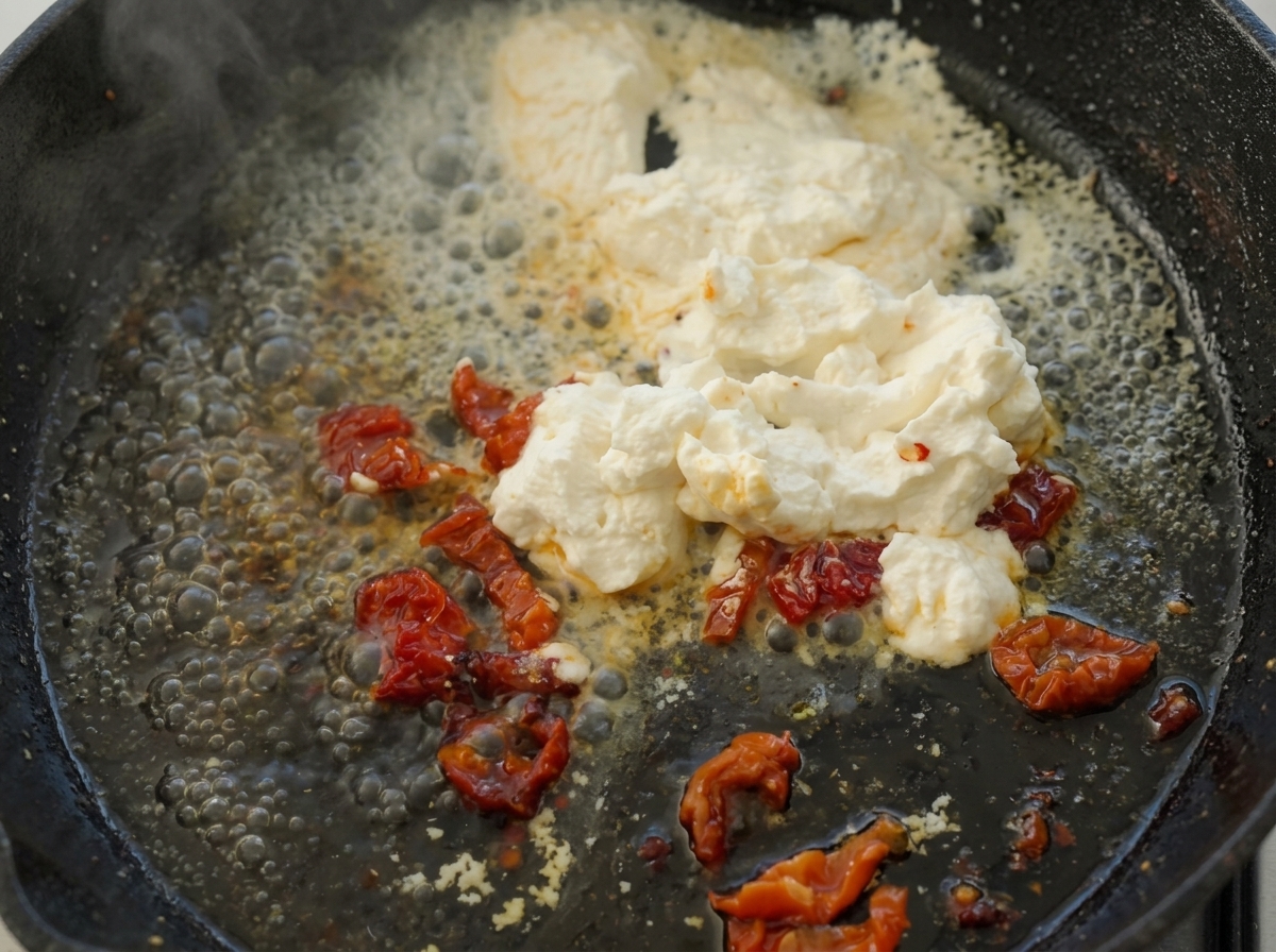 Ricotta roztapiająca się i łącząca z suszonymi pomidorami na lekko gotującej się patelni.