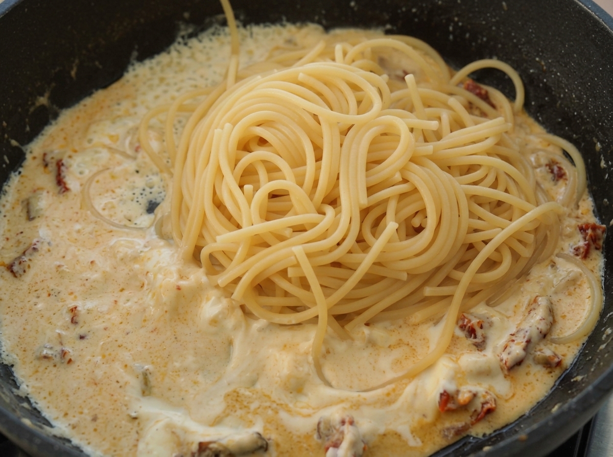 Porcja ugotowanego spaghetti nałożona na kremowy sos na patelni.