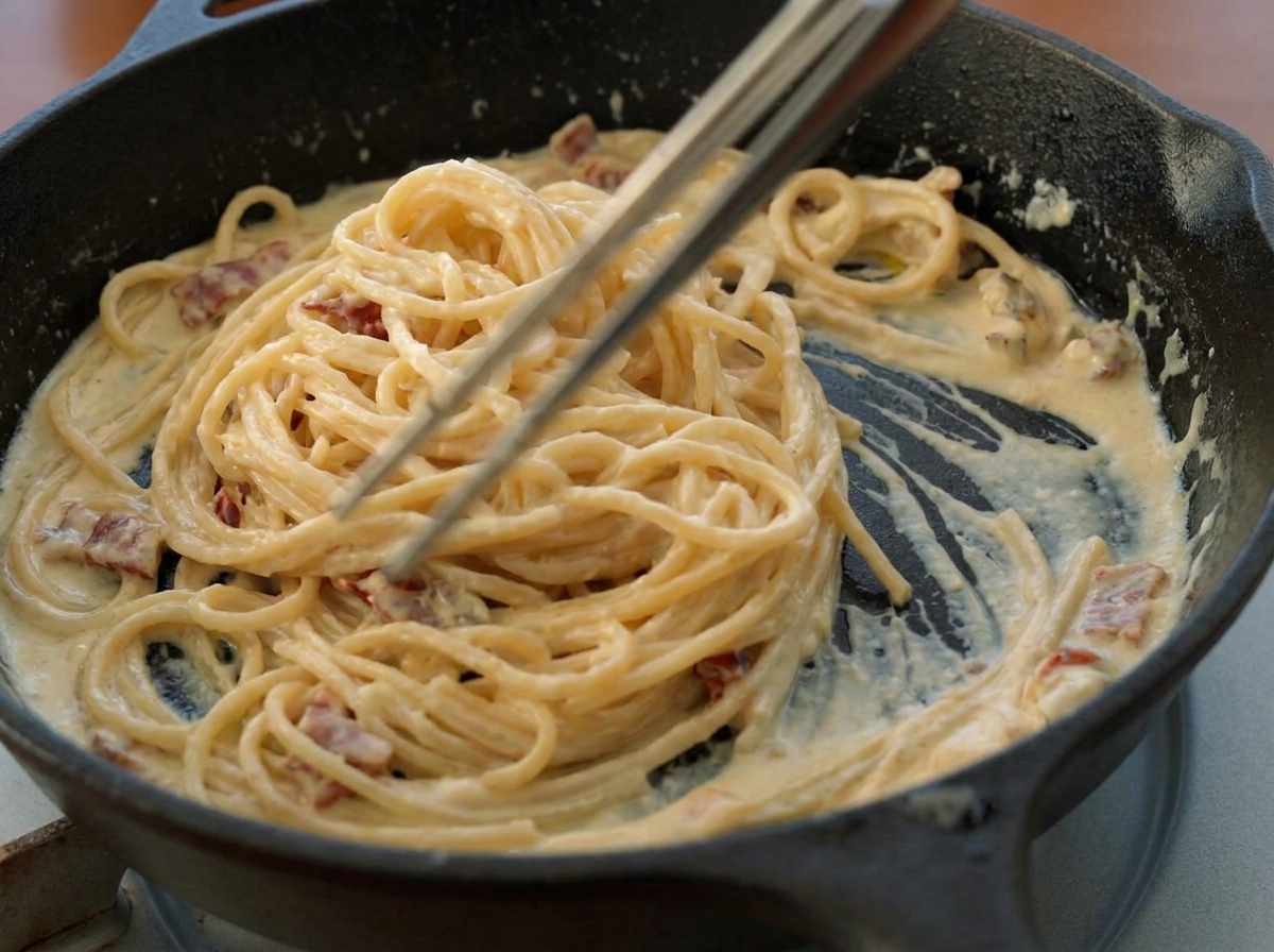 Mieszanie spaghetti szczypcami w kremowym sosie pomidorowym.