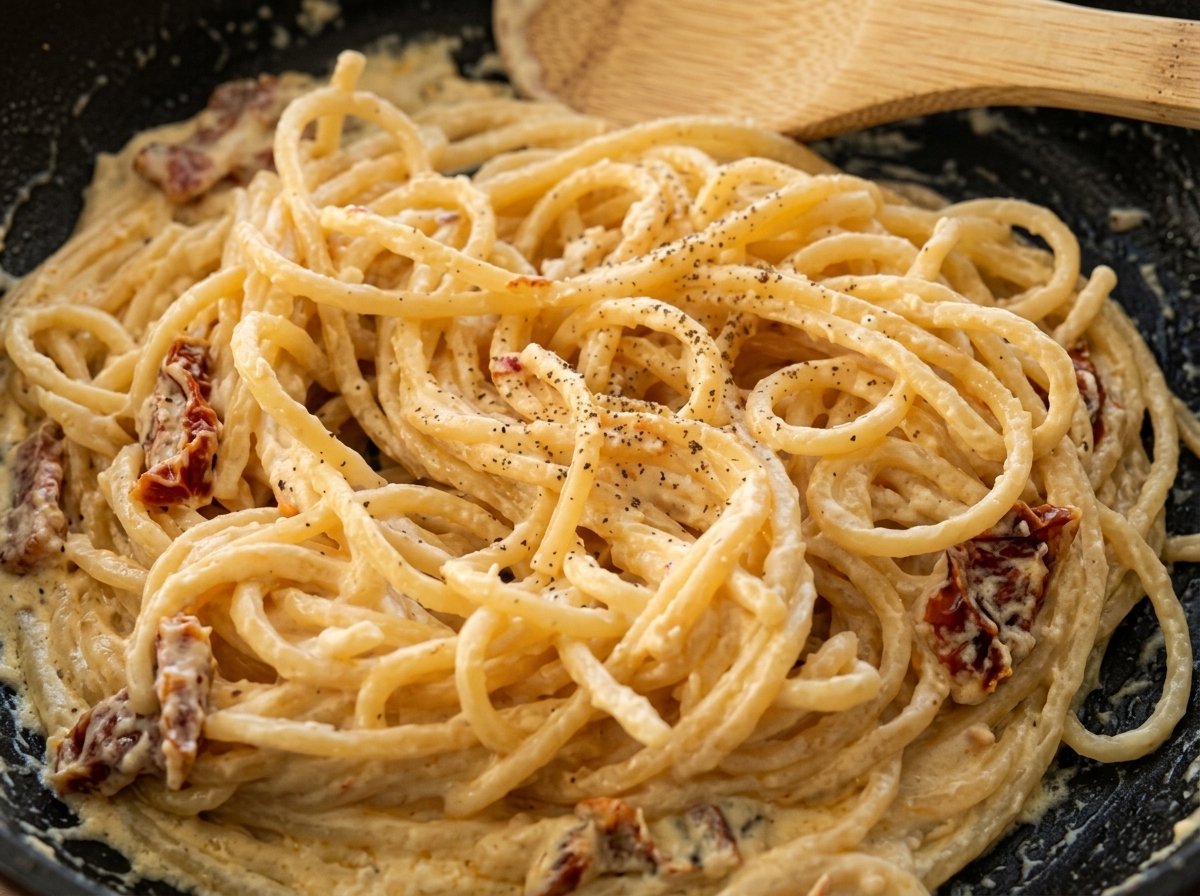 Zbliżenie na kremowe spaghetti posypane świeżo mielonym czarnym pieprzem.