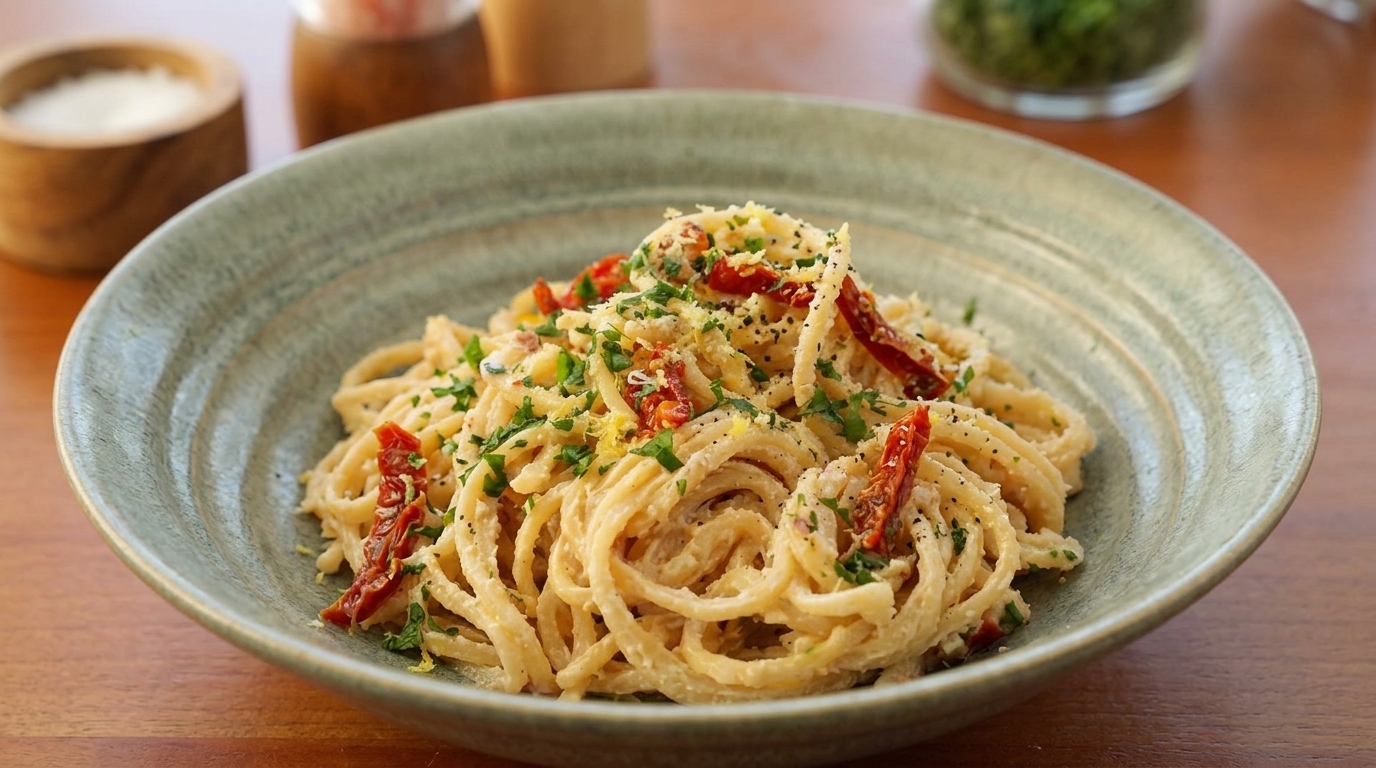Kremowe spaghetti z ricottą i suszonymi pomidorami