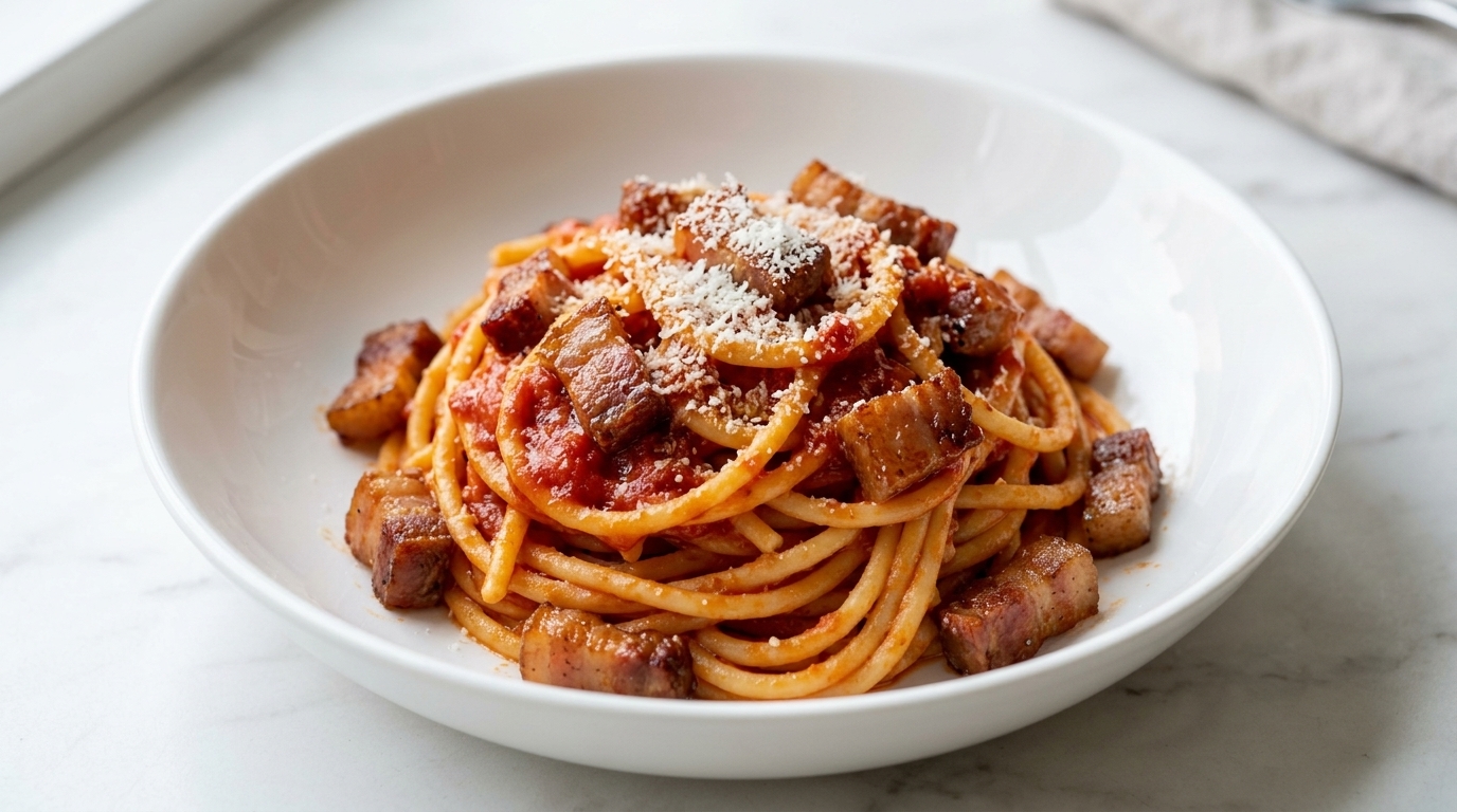 Klasyczne rzymskie Bucatini all'Amatriciana (Pikantne pomidory i guanciale)