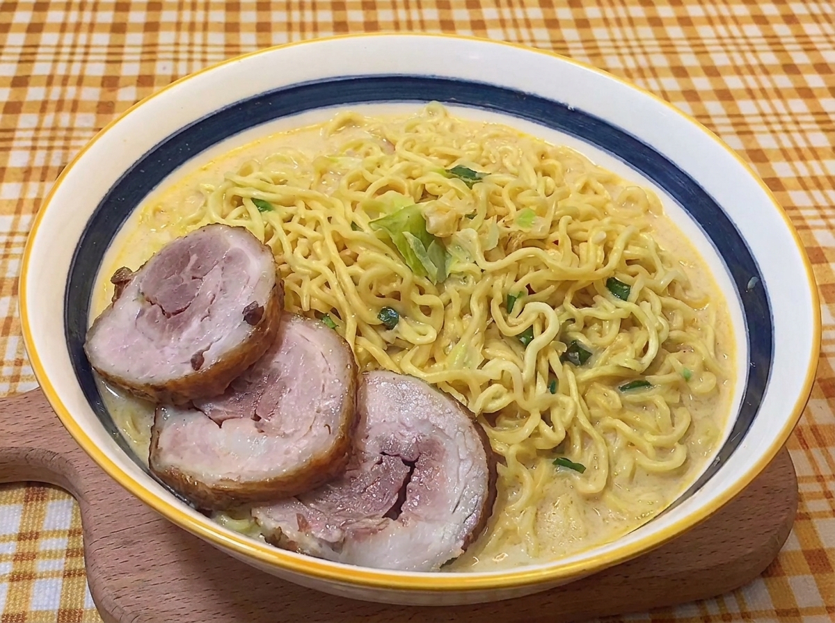 Trzy plastry boczku chashu ułożone na makaronie w kremowym bulionie.