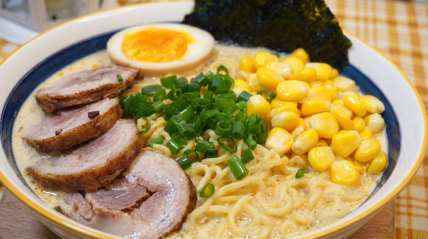 Miska kremowego ramenu Tonkotsu z plastrami duszonego boczku chashu, kukurydzą, jajkiem na miękko i świeżą dymką.