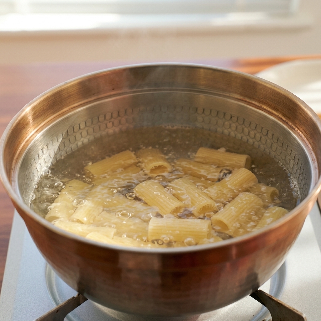 Makaron rigatoni gotujący się energicznie w garnku ze stali nierdzewnej na kuchence.